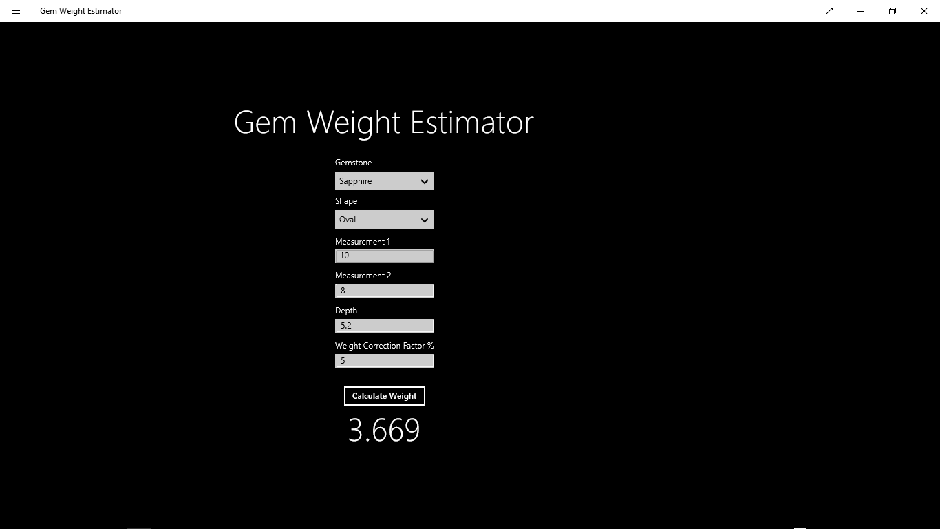 To calculate a weight just select the gem and shape, enter the measurements and press the calculate button