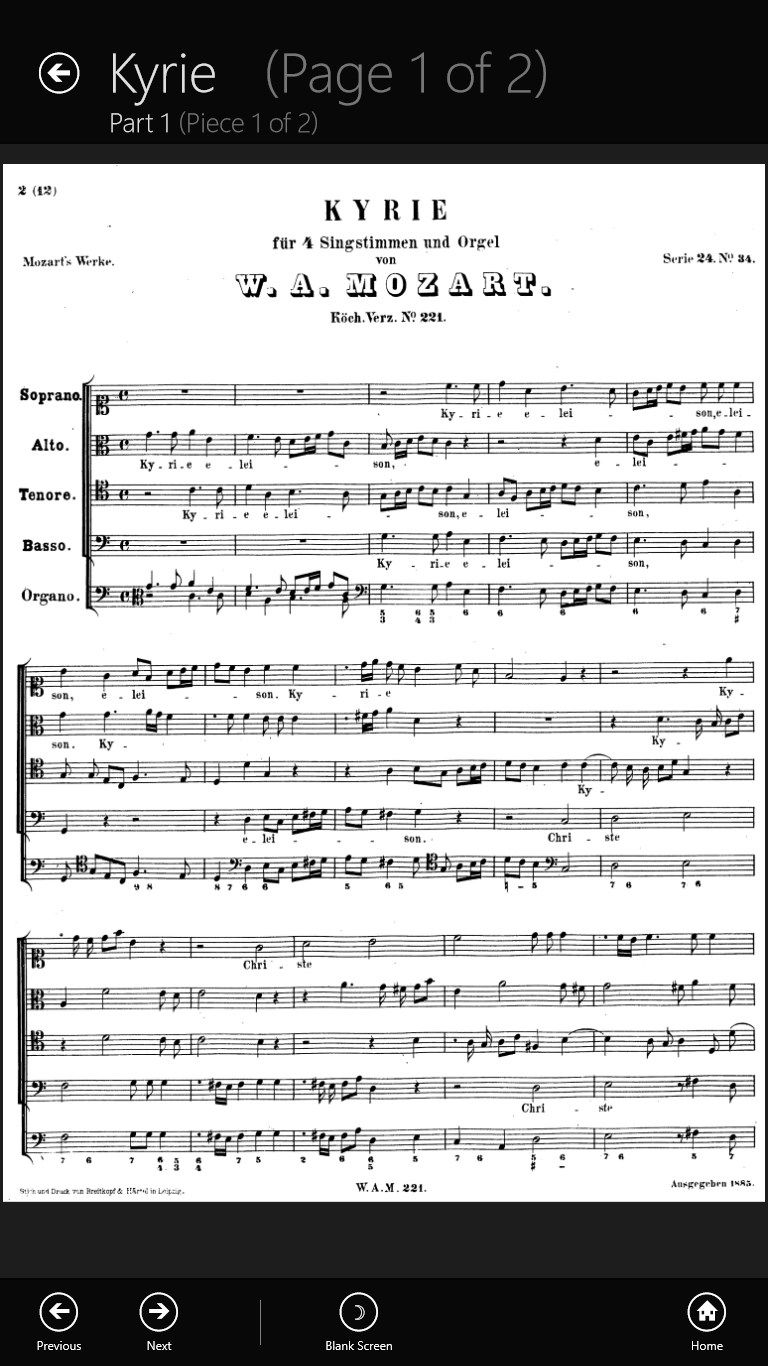 Sheet Music presents each page of each part in sequential order during your performance. Swipe to move between pages.  Tapping on the image reveals additional information.