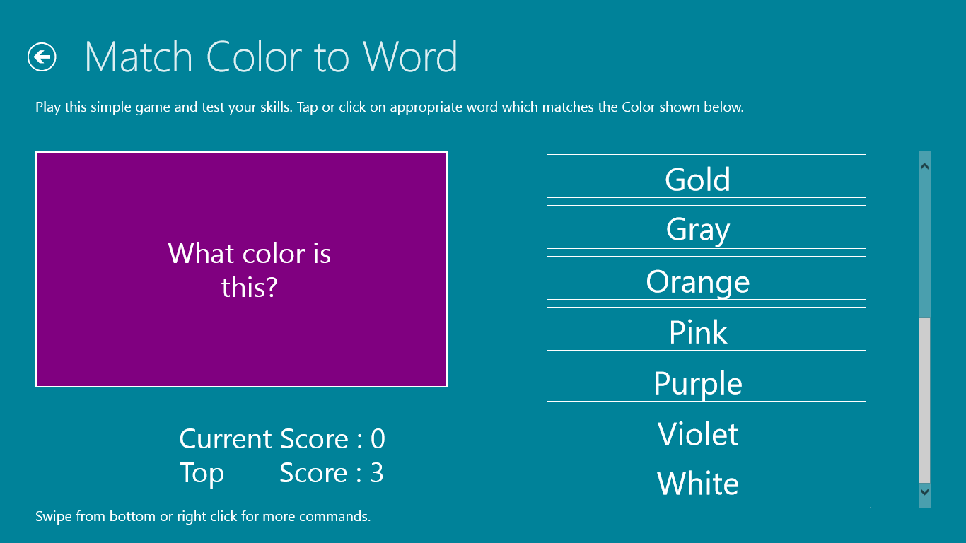 Simple game page to identify the color and pick the correct word