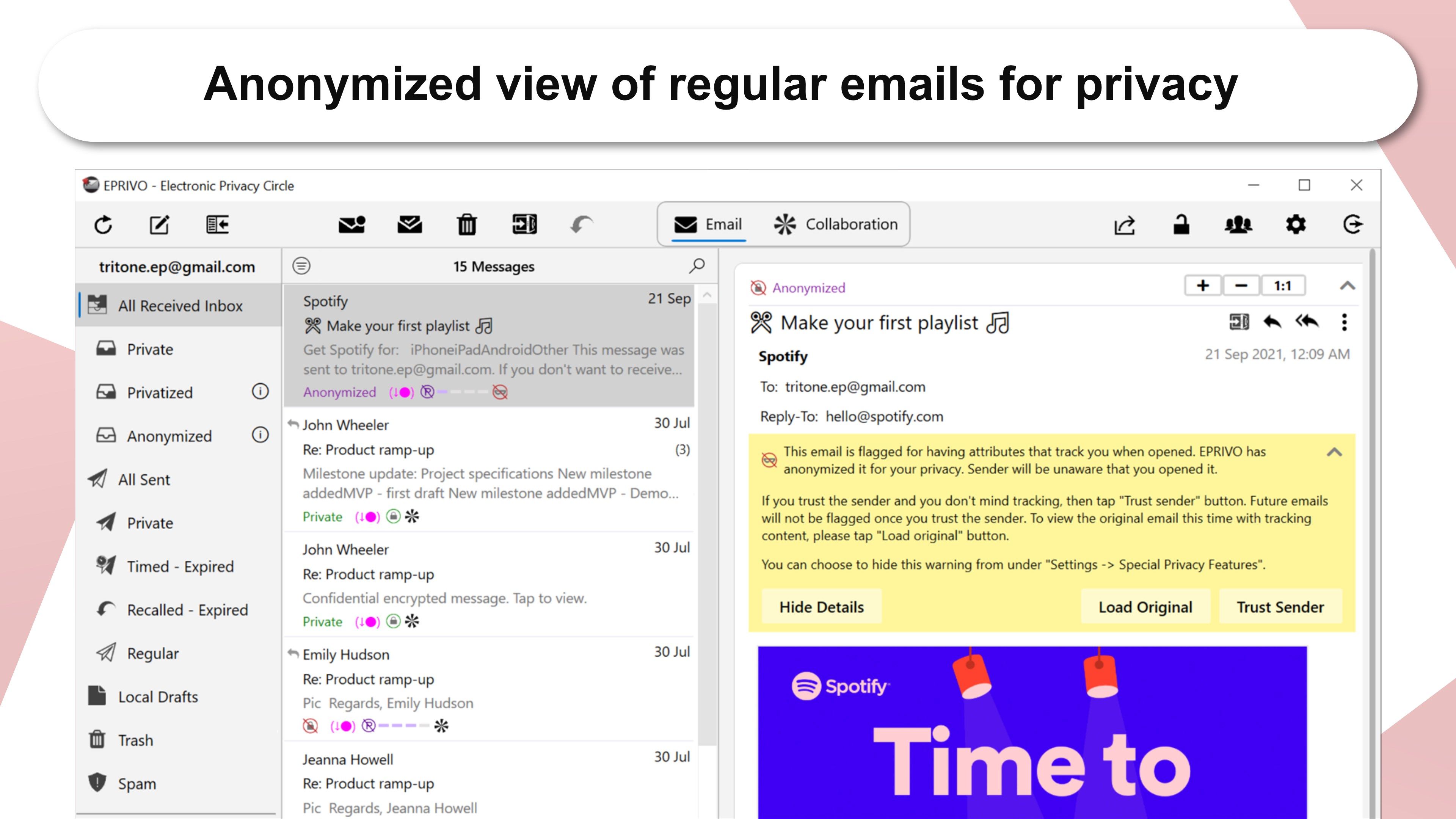 Anonymized view of regular emails for privacy