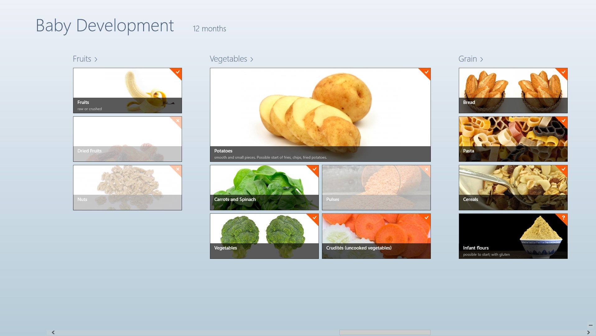 Application's main page showing some food types categories.