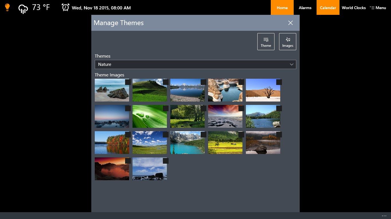 Manage themes: Use built-in themes, create custom themes with your own images, or set a color as the clock background