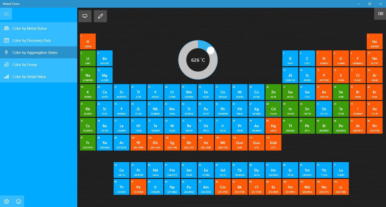 Main Screen - elements are colored according to the aggregation state that they have at 626 degrees Celsius