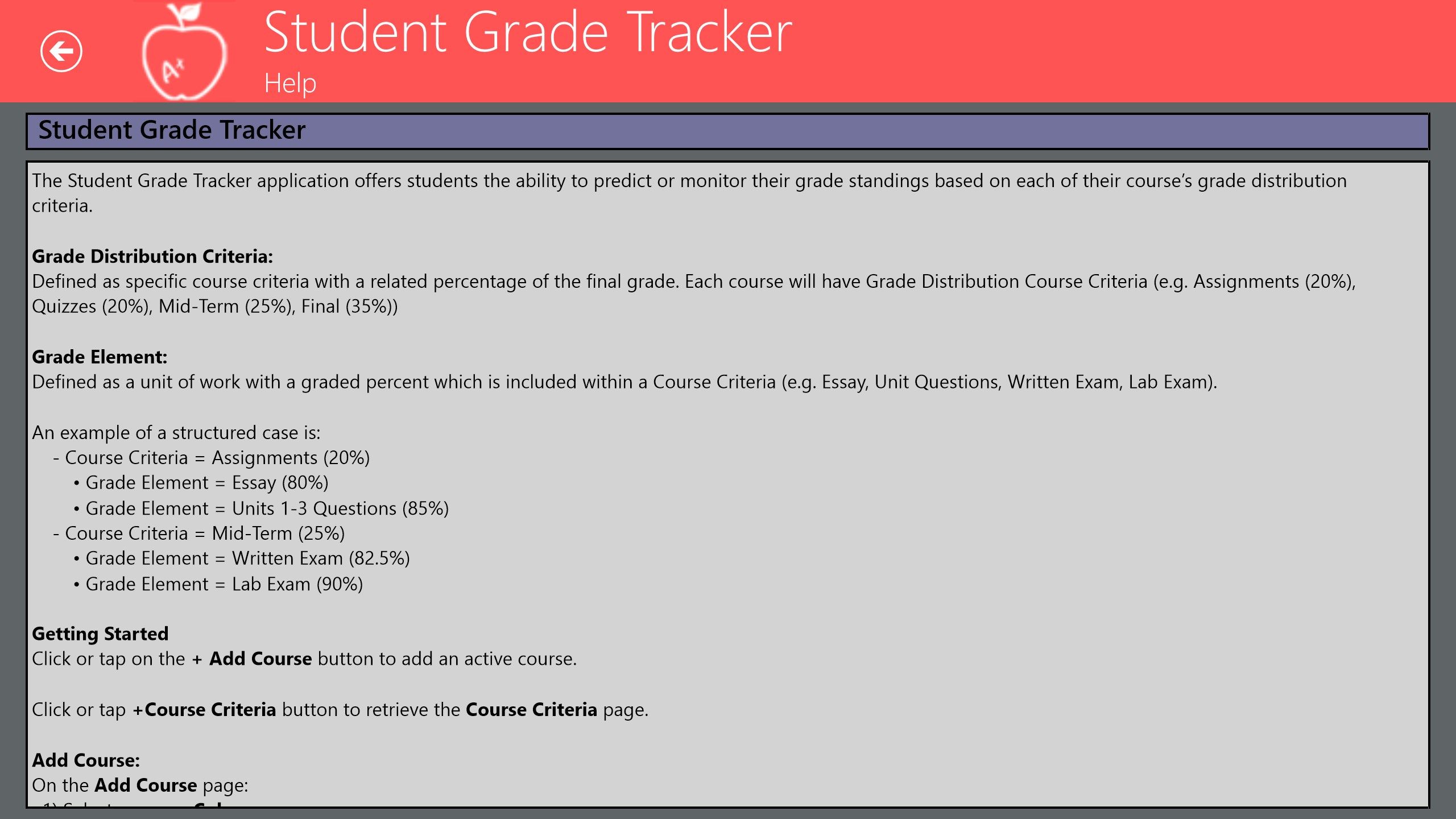 Student Grade Tracker Help screen