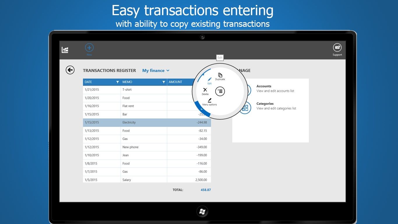 Easy transactions entering with ability to copy existing transactions