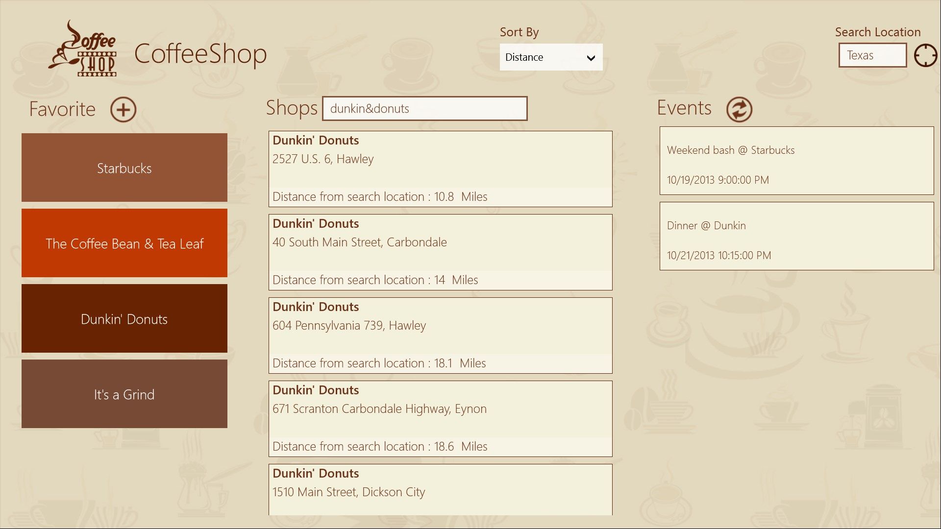 Favorite , Shops and Events Section
