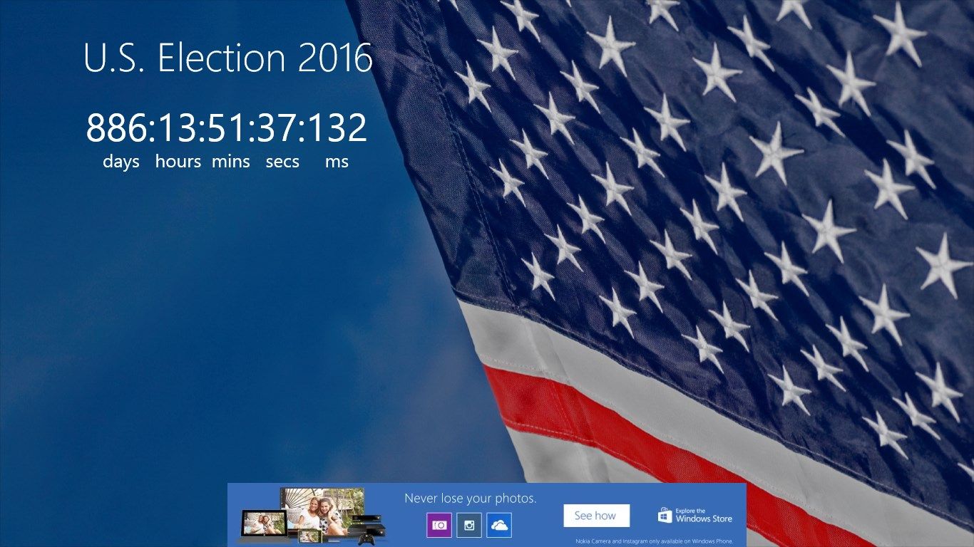 U.S. Election 2016 shows the days, hours, minutes, seconds and even milliseconds until the 2016 Presidential Election.