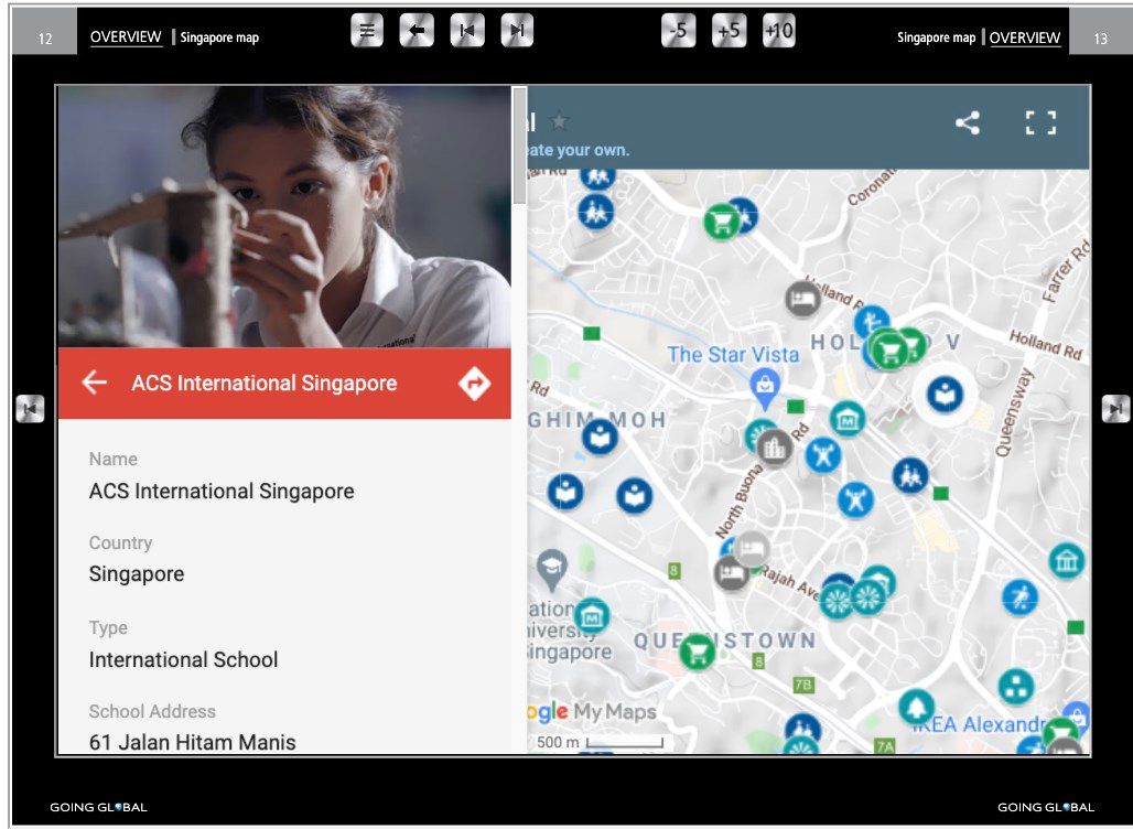 Going Global's education map is the most comprehensive of its type that has ever been compiled for the city. Information ranging from school fees to messages from principals,  as well as critical data needed when choosing the best school, are contained in each listing. Users can filter listings to see what additional services and facilities are located near potential schools.