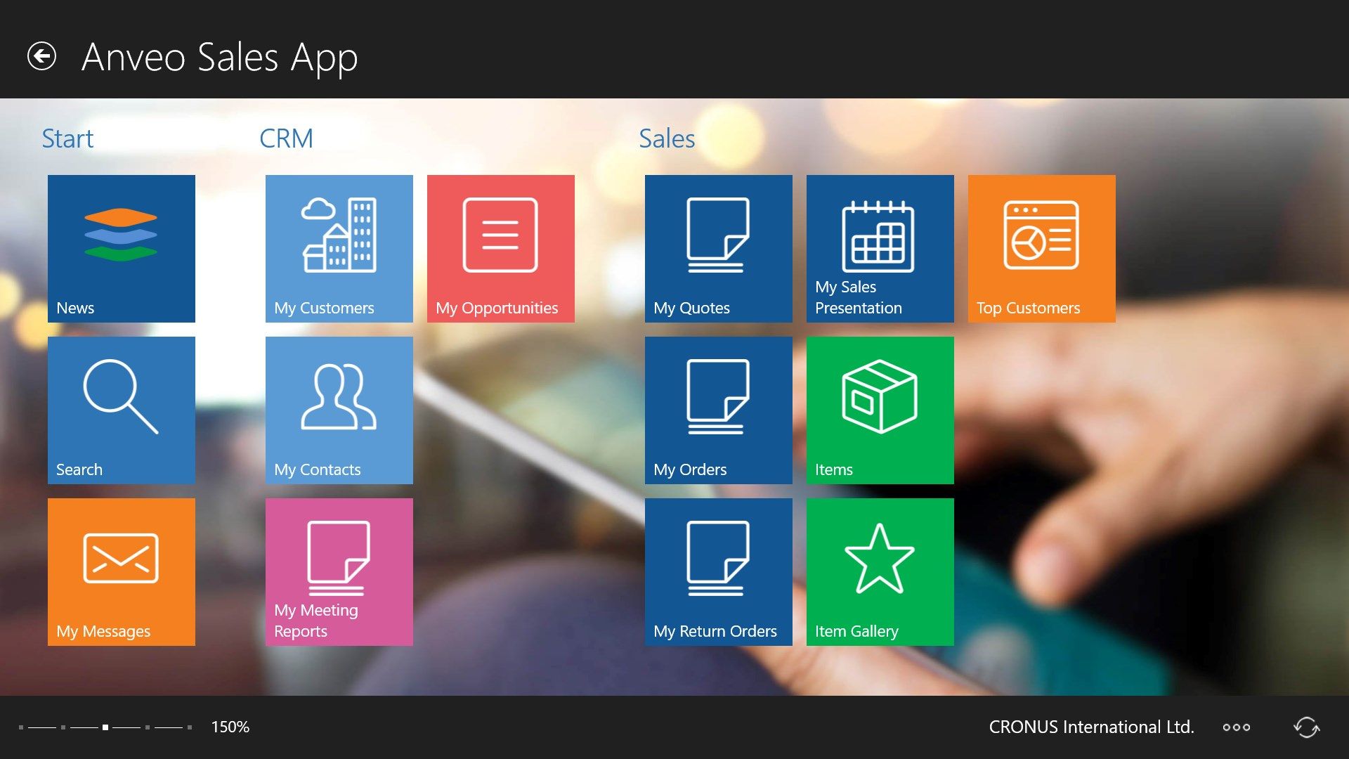 Main menu of the Sales App with access to all important features for mobile sales representatives. It can be customized to your own needs with just a few clicks.