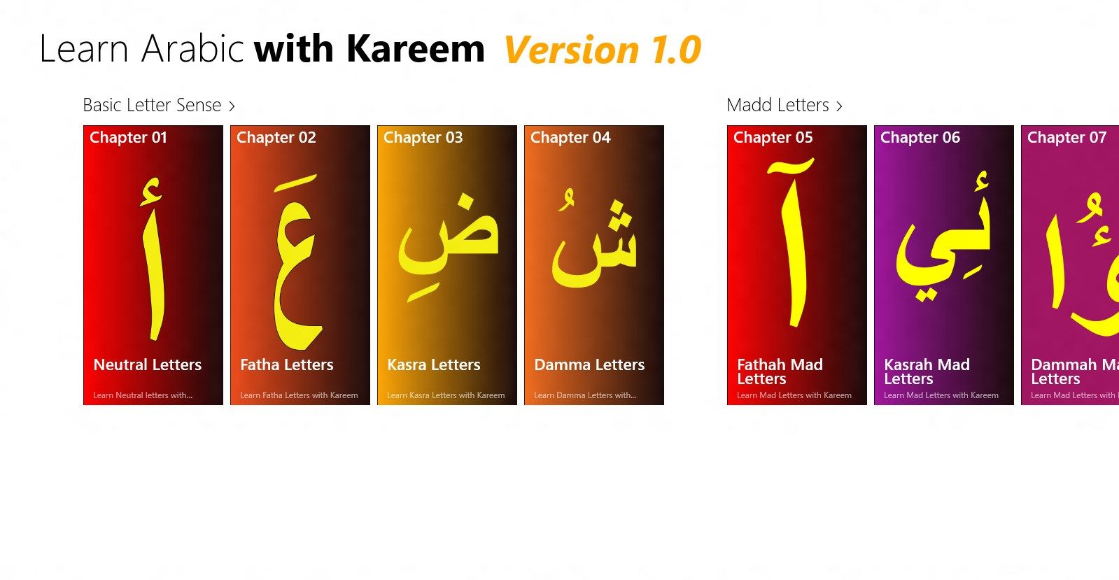 Learn Arabic using a series of chapter lessons. Each chapter contains 4 to 24 lessons.