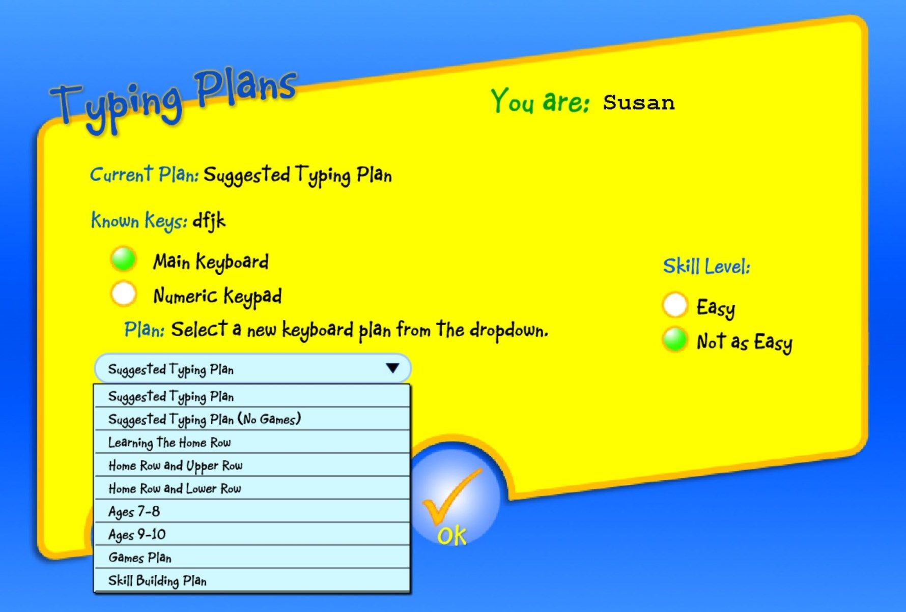 Kids can select English or Spanish and a Typing Plan that fits their skill level – there are 11 unique plans.