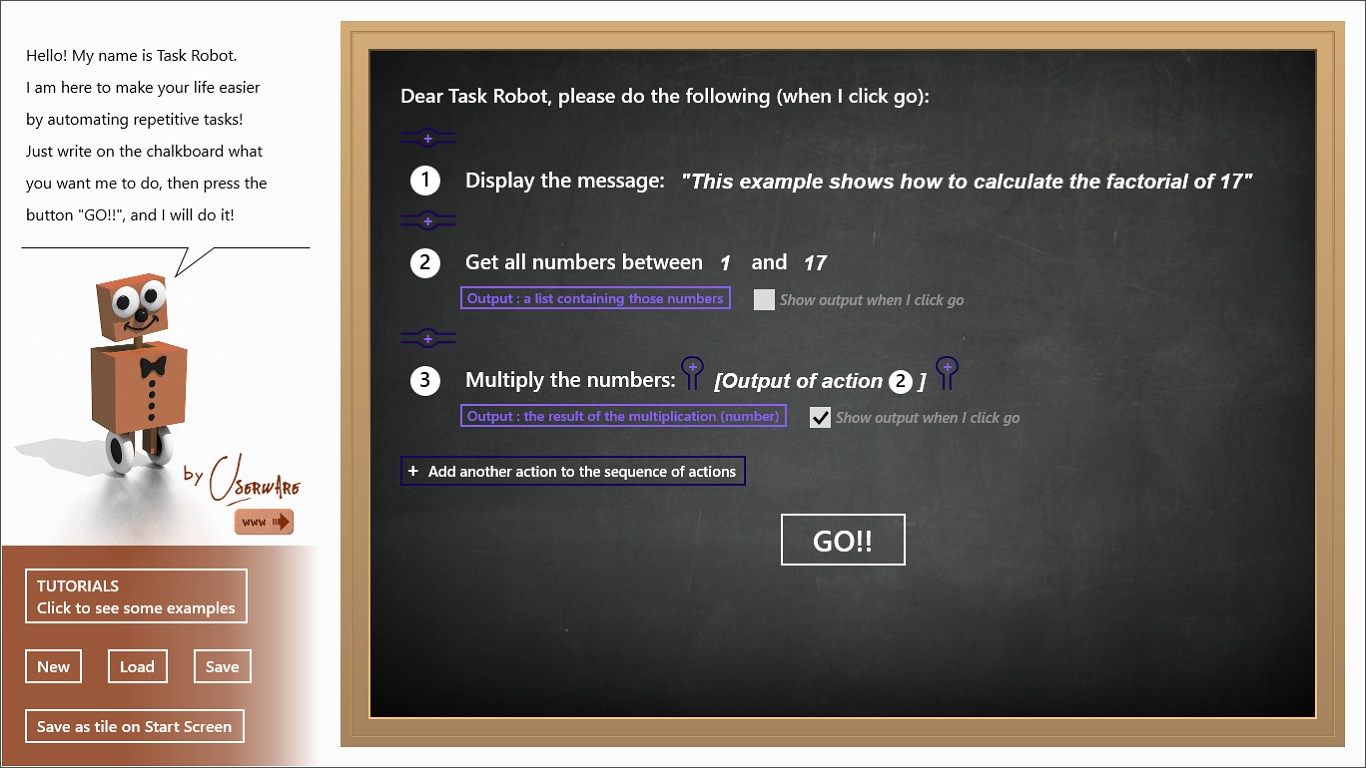 This screenshot shows how use Task Robot to calculate the factorial of a number.