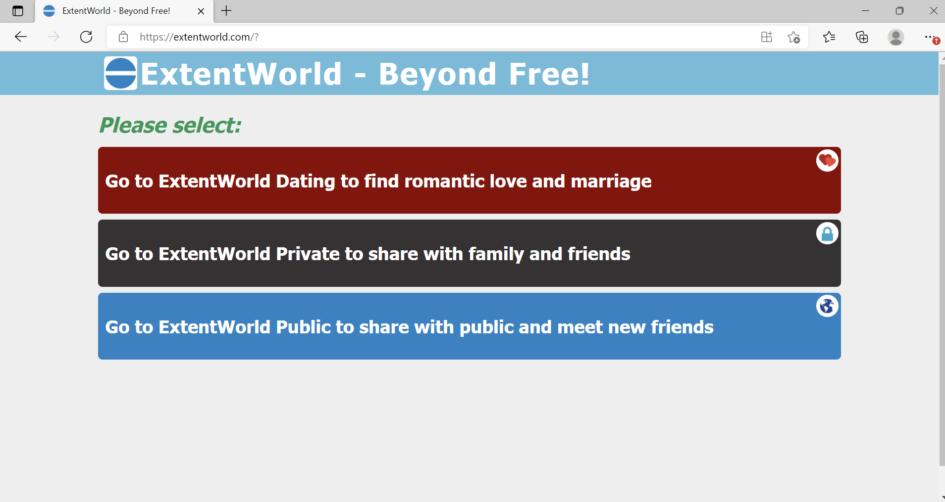 ExtentWorld has three easily switch modes: ExtentWorld Public, ExtentWorld Private, ExtentWorld Dating