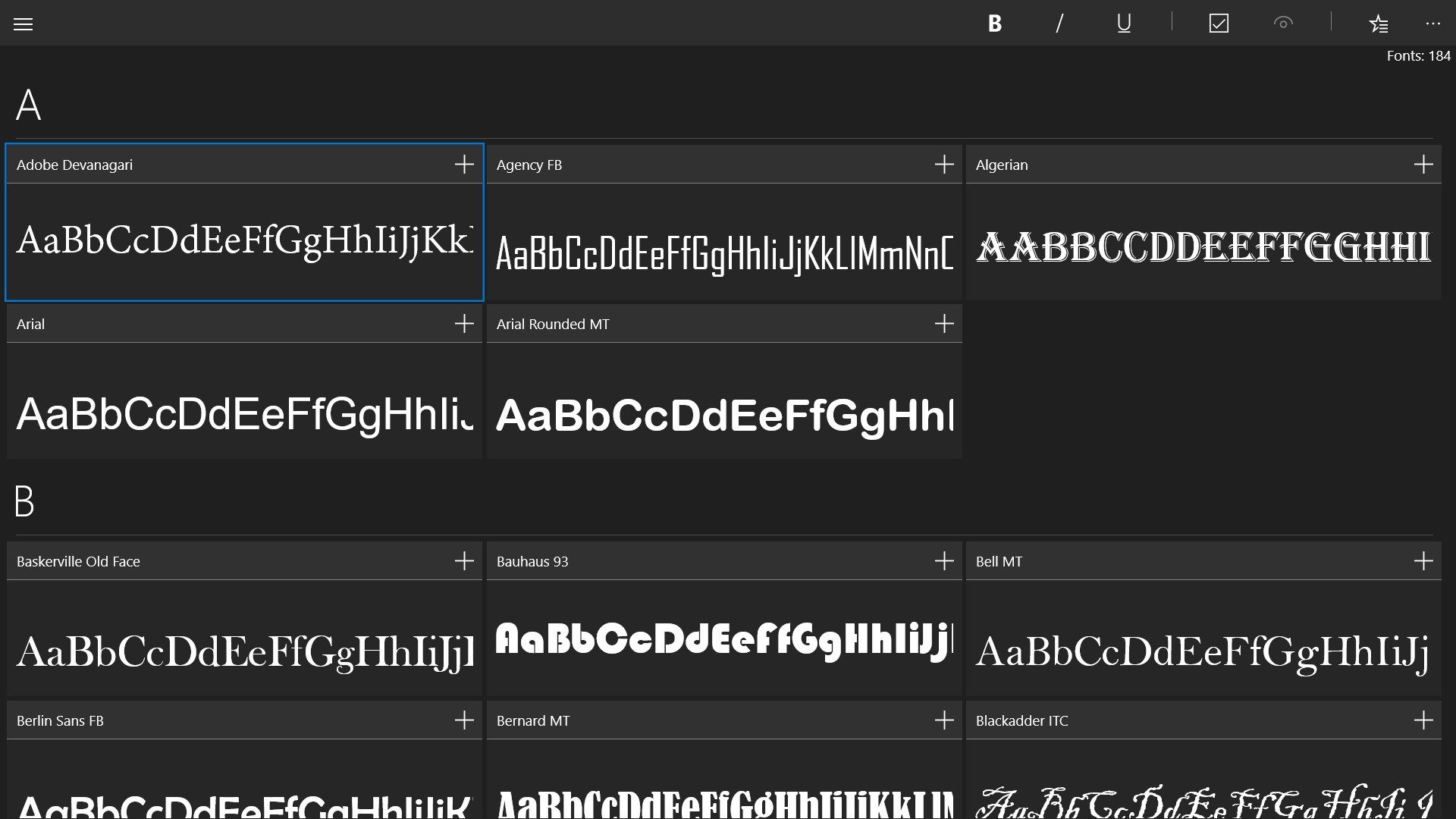 All fonts are grouped in alphabetical order, and the number of installed fonts is displayed in the upper right-hand corner.