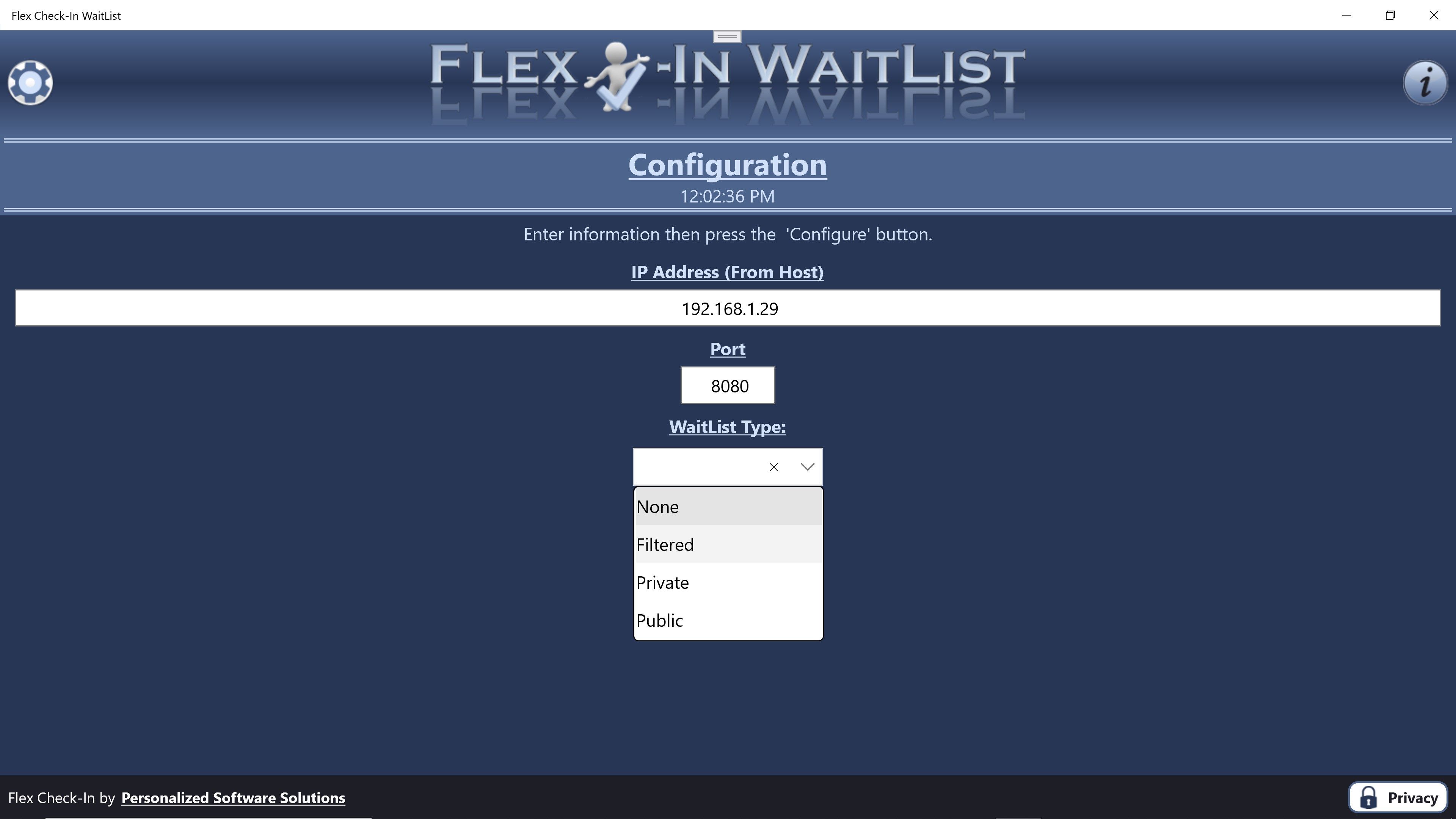 Enter IP address and port from Flex Check-in Host application and select your WaitList type.