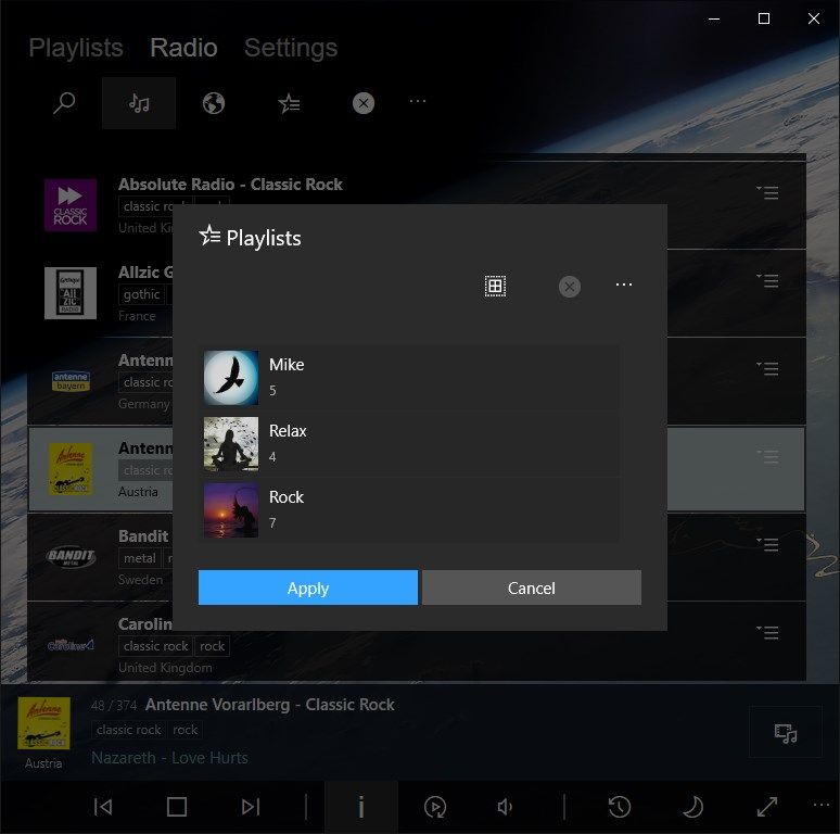 Support for playlists with the ability to search the radio stations in them.