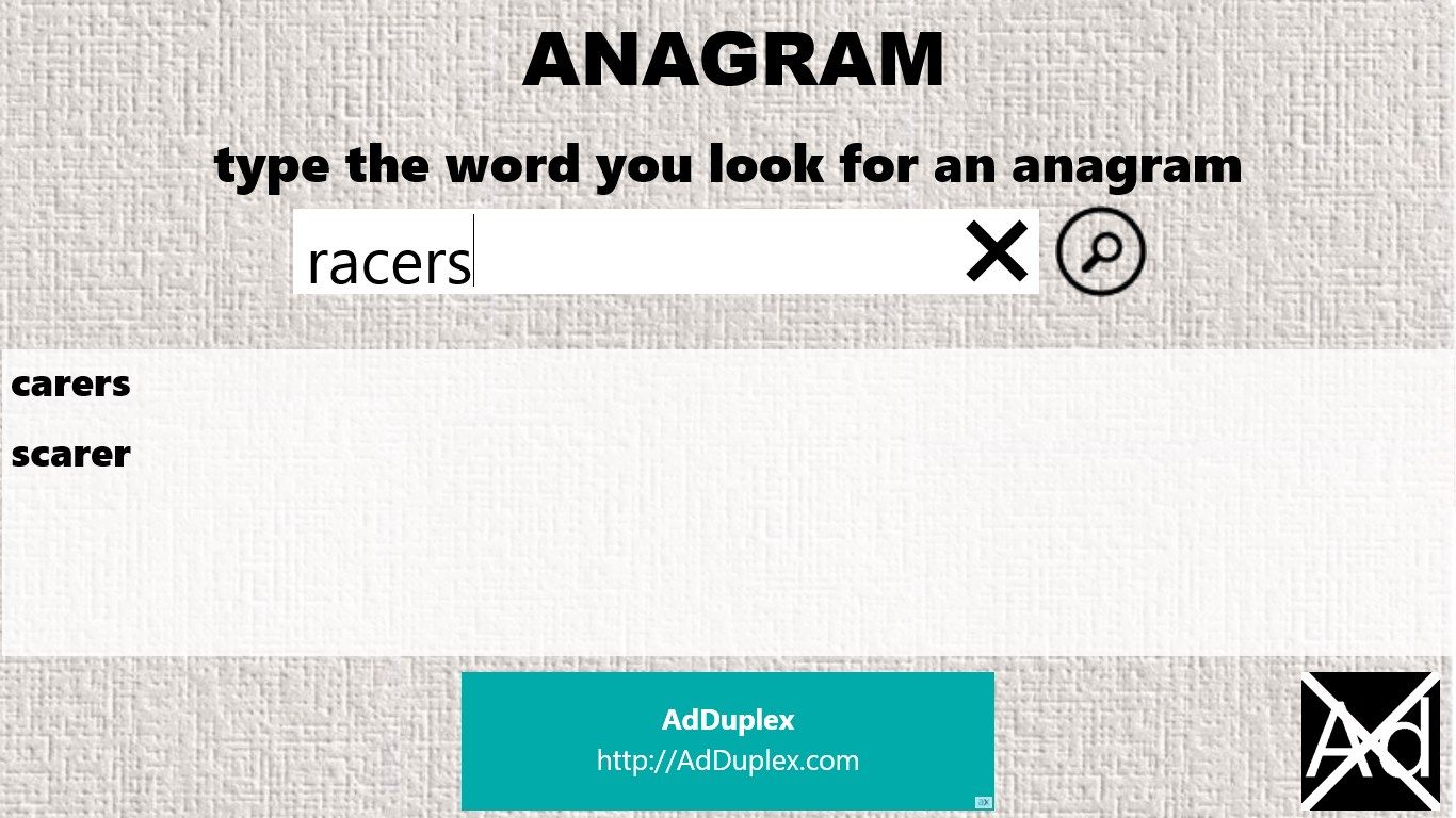 Main page to search for an anagram. type the word you look for an anagram. press enter or click on the search button and you will get the result