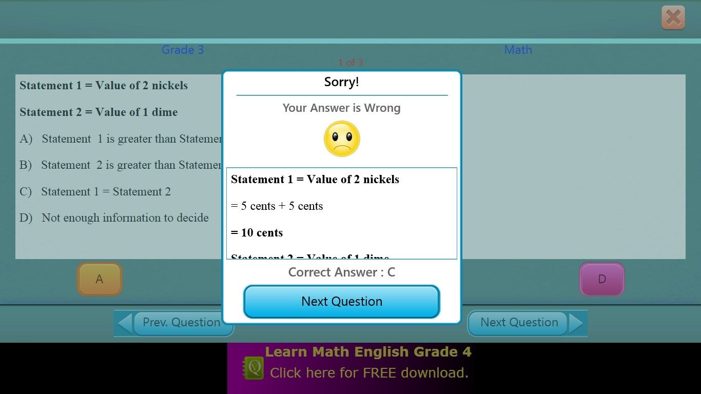 Math test - Wrong Answer Screen