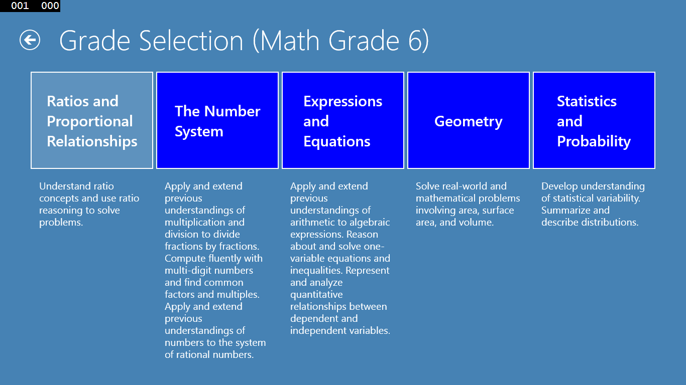 When the 6th grade icon is selected the 6th common core math domains are shown.