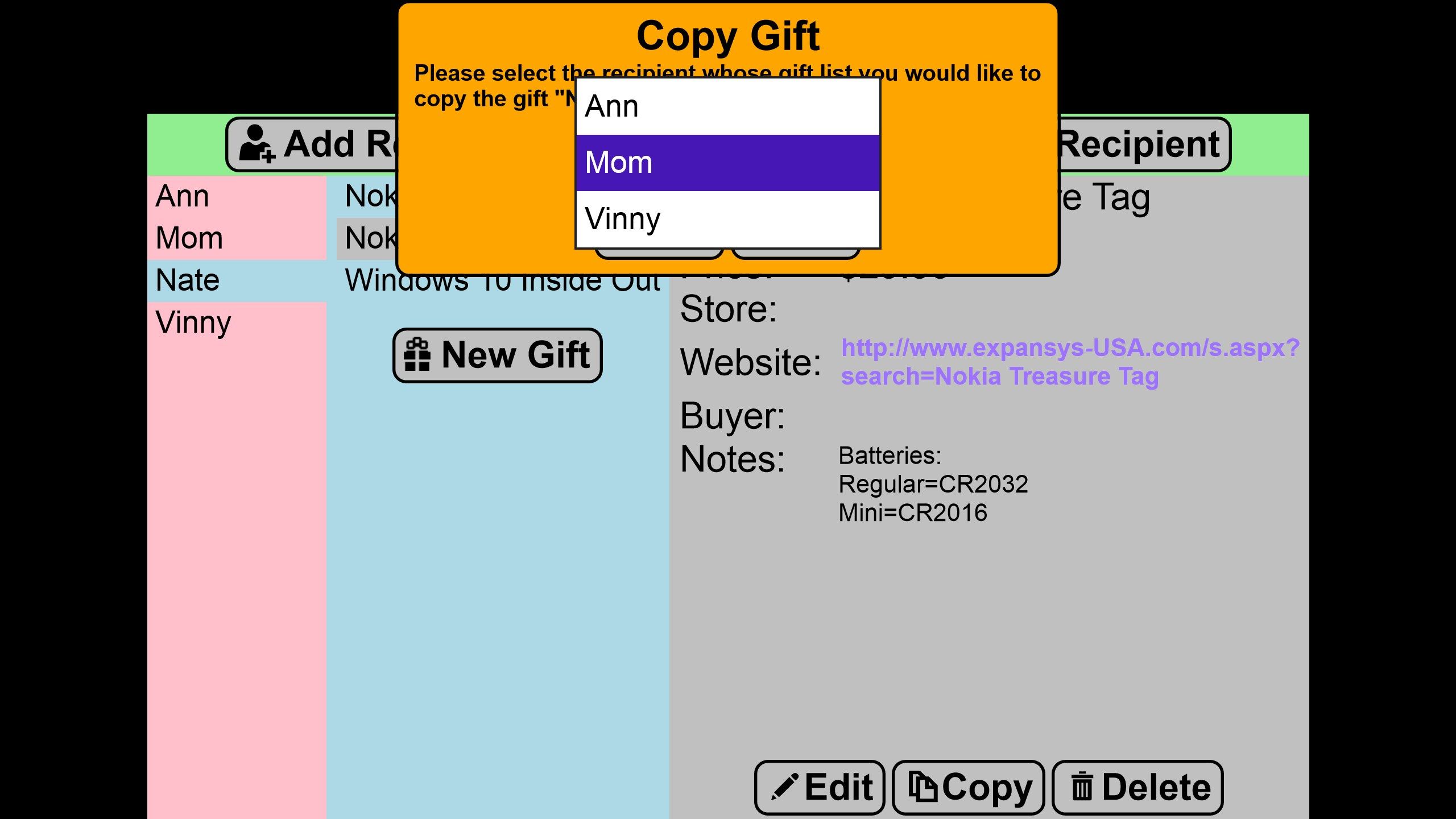 Gifts can be copied to another recipient's list
