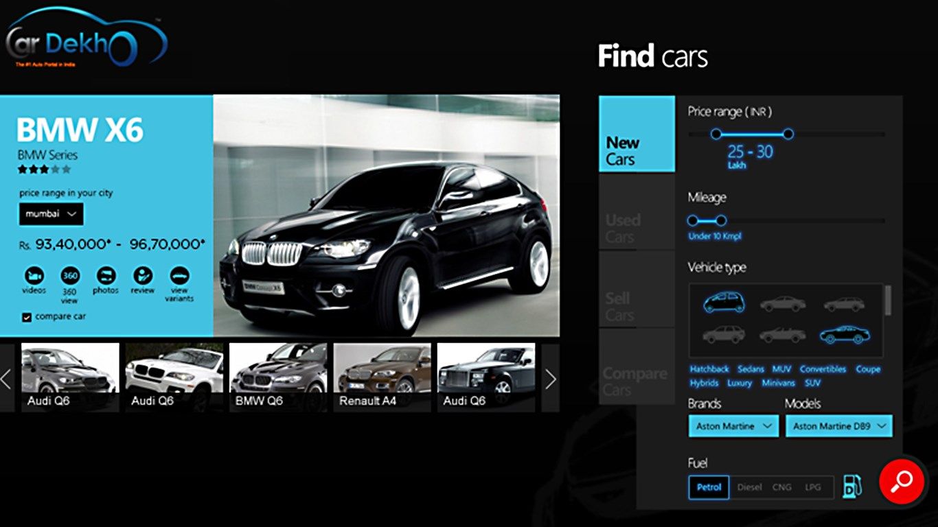 Find new cars by brand, model, price range, body type, and mileage.