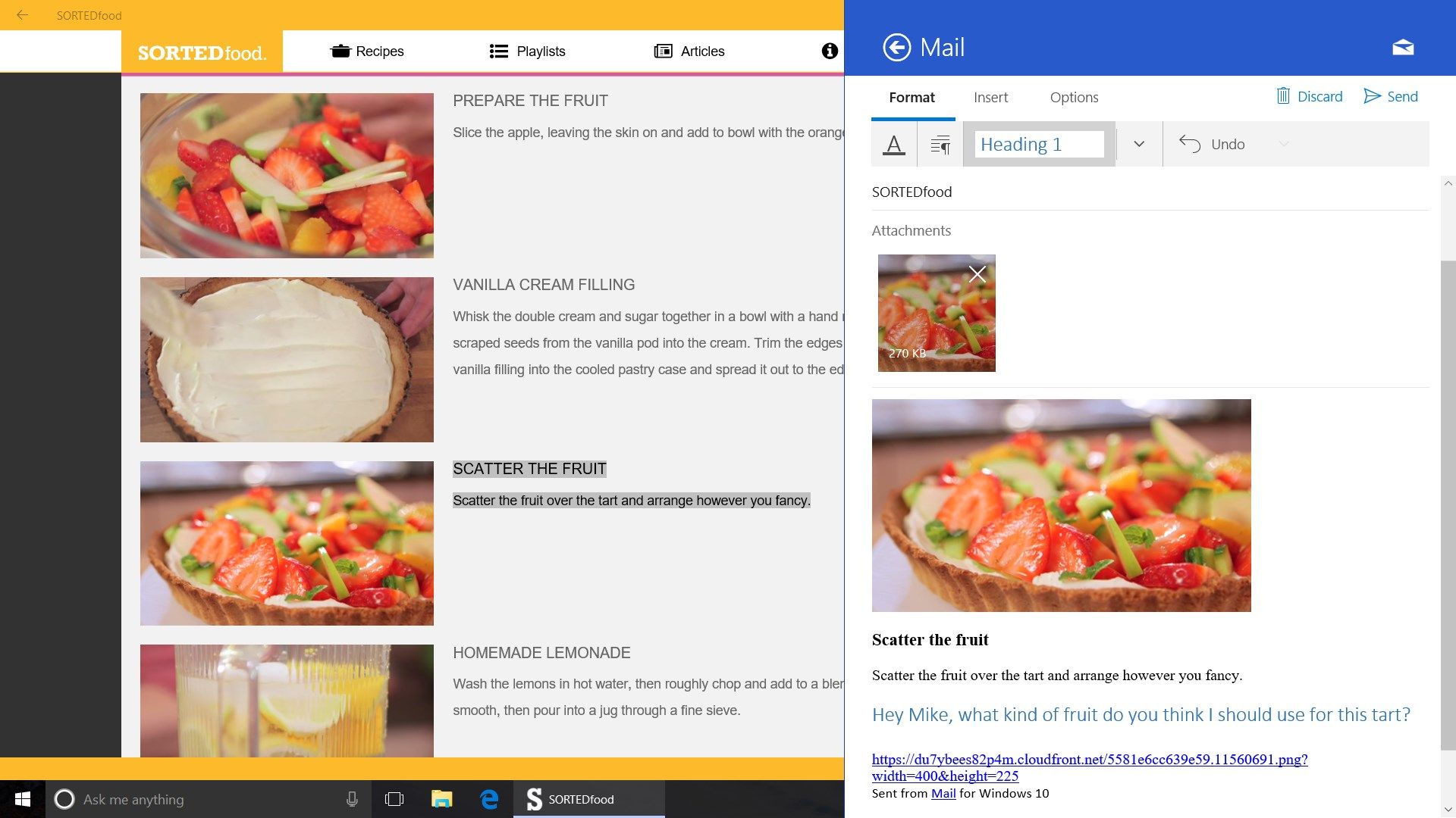 Easily share recipes and articles with your friends using other Windows apps like Outlook Mail and OneNote. You can select specific images and text to share too.
