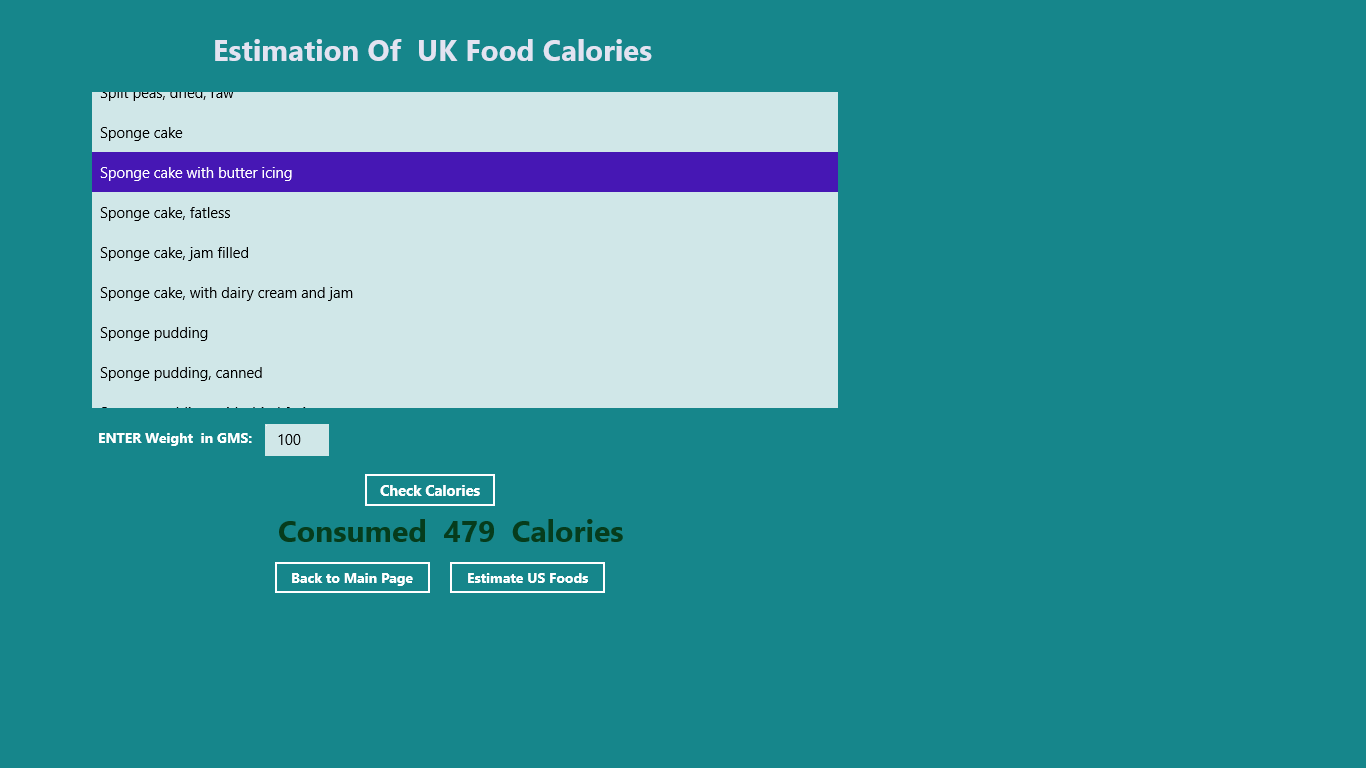 This screen calculates calories for foods from UK Food DB