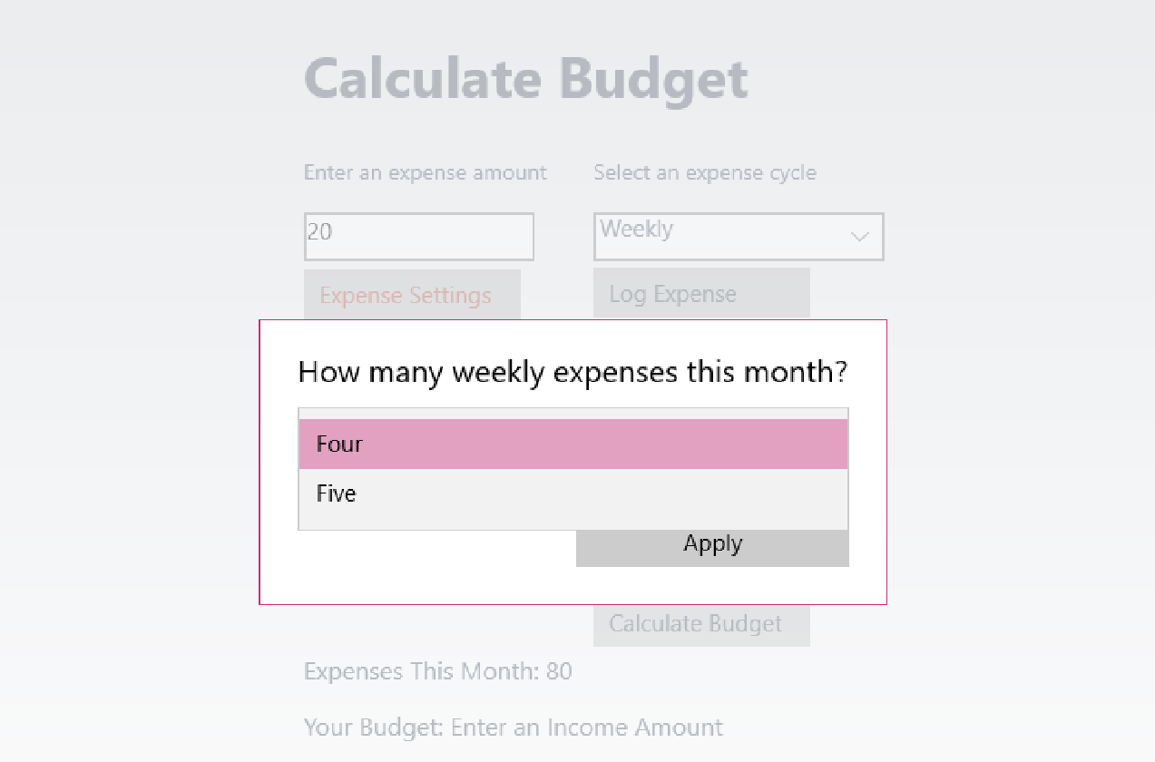 If you select monthly income cycle and you have a weekly expense, you can customize how many of those weekly purchases happen this month. Note: this does change all weekly expenses, so if you log multiple weekly expenses don't change settings.