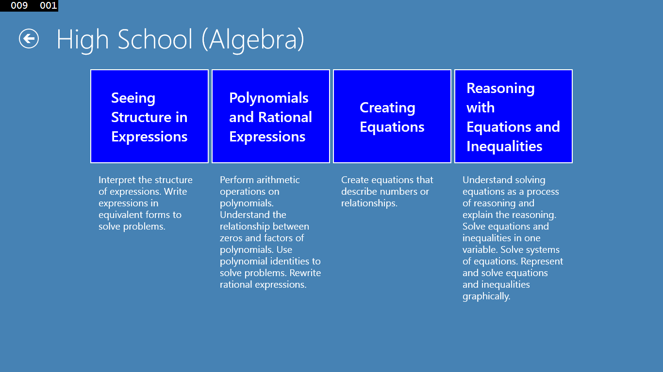 When the High School Algebra icon is selected from the initial page the "High School Algebra" domains are shown.