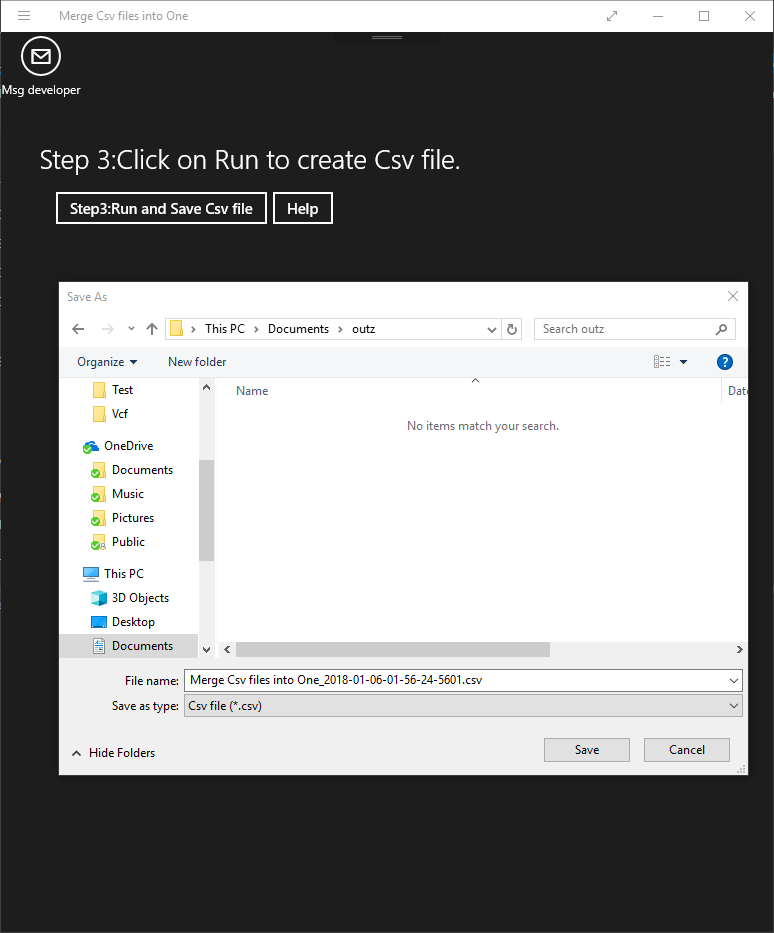 click on run button and select name and location of combined file