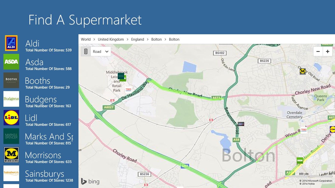 The opening screen shows the number of supermarkets in each chain, and their location relative to your current location.