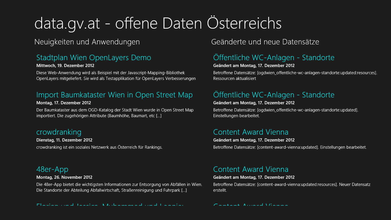 Neuigkeiten zu offenen Daten aus Österreich werden am Startschirm angezeigt