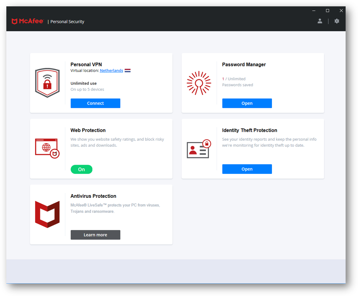 McAfee Personal Security Dashboard