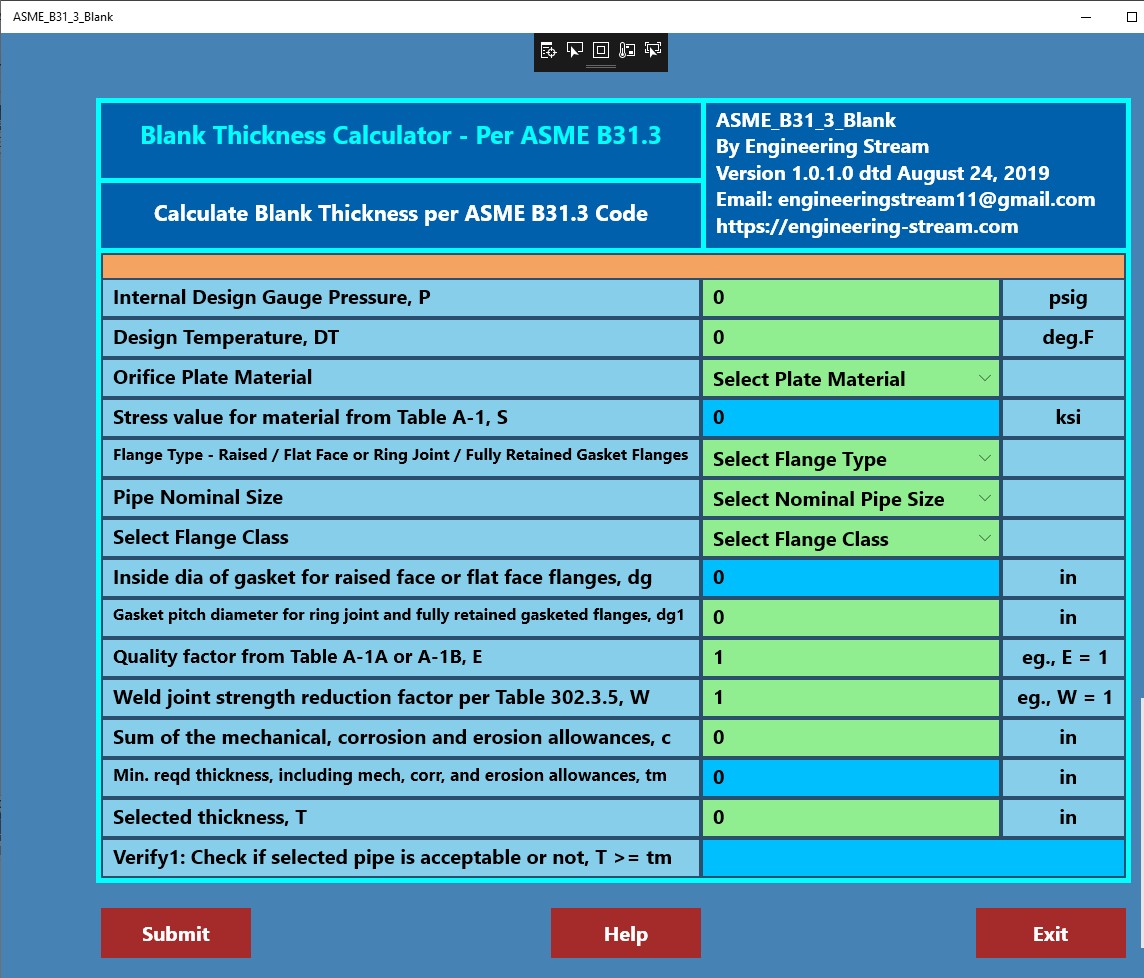 ASME B31.3 Blank Thickness Calculator