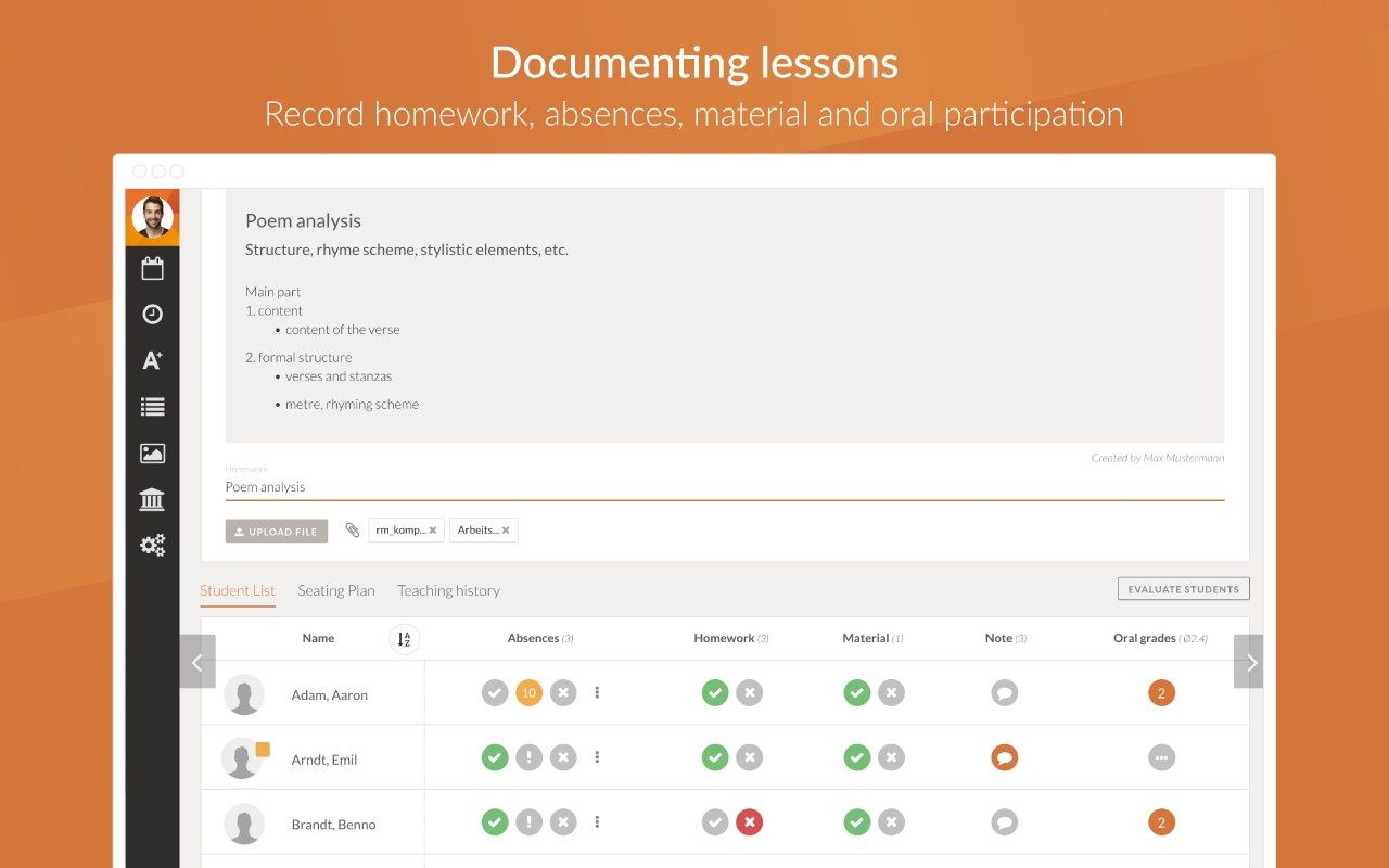 Documenting lessons - Record homework, absences, material and oral participation