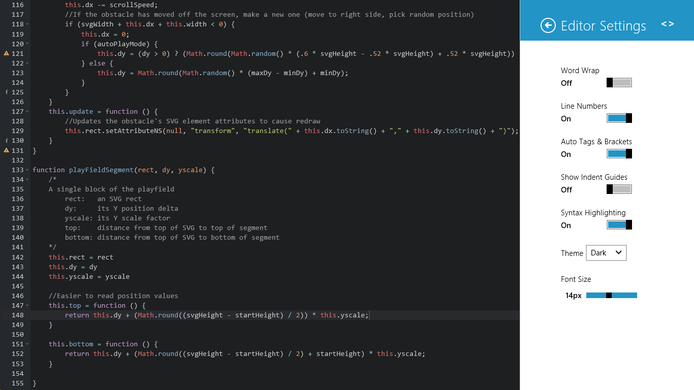 Configure the syntax highlighting theme, editor behaviors, font size, and more.