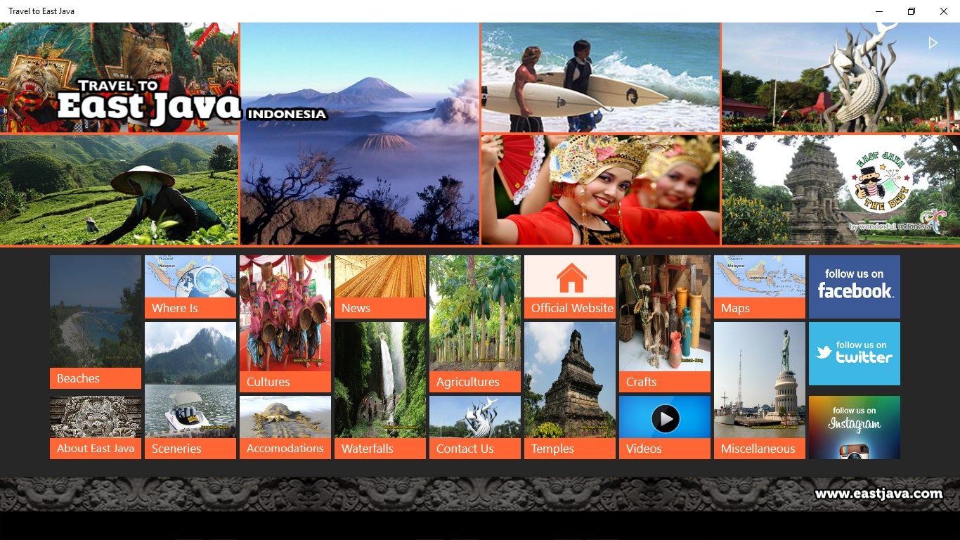 Main menu, which is compeleted with another menu from each part of East Java. The users can choose easily which place they want to explore.