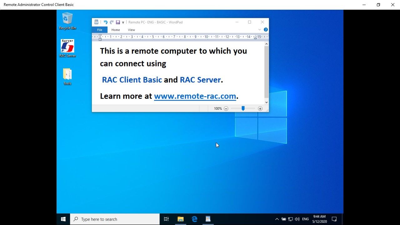 The remote desktop of the computer to which we connected using Remote Administrator Control Client Basic