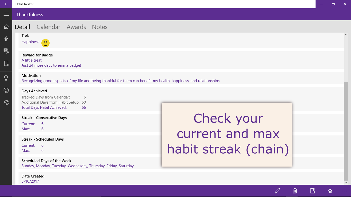 Check your current and max habit streak (chain)