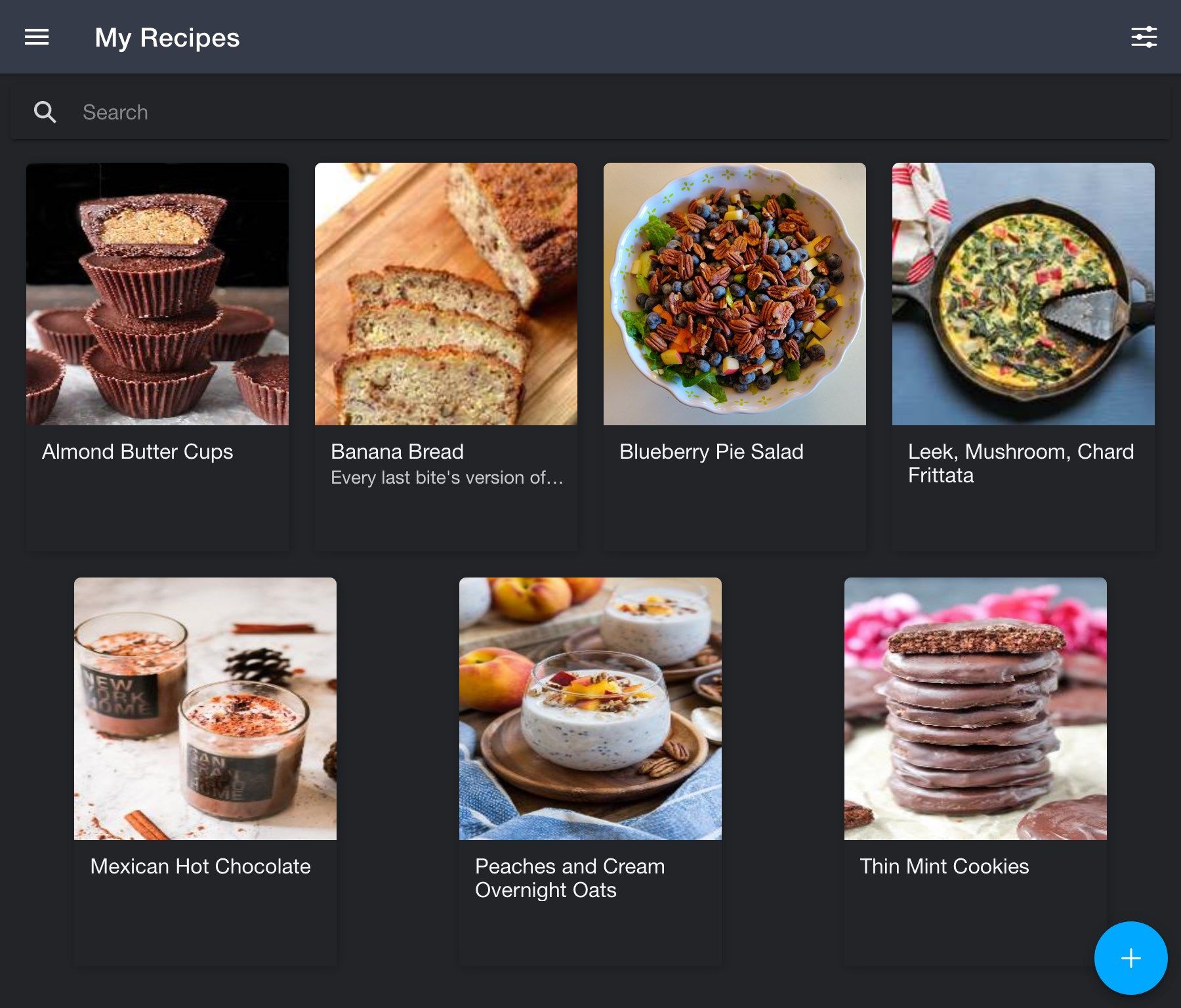 Your recipe collection with example recipes (dark mode)