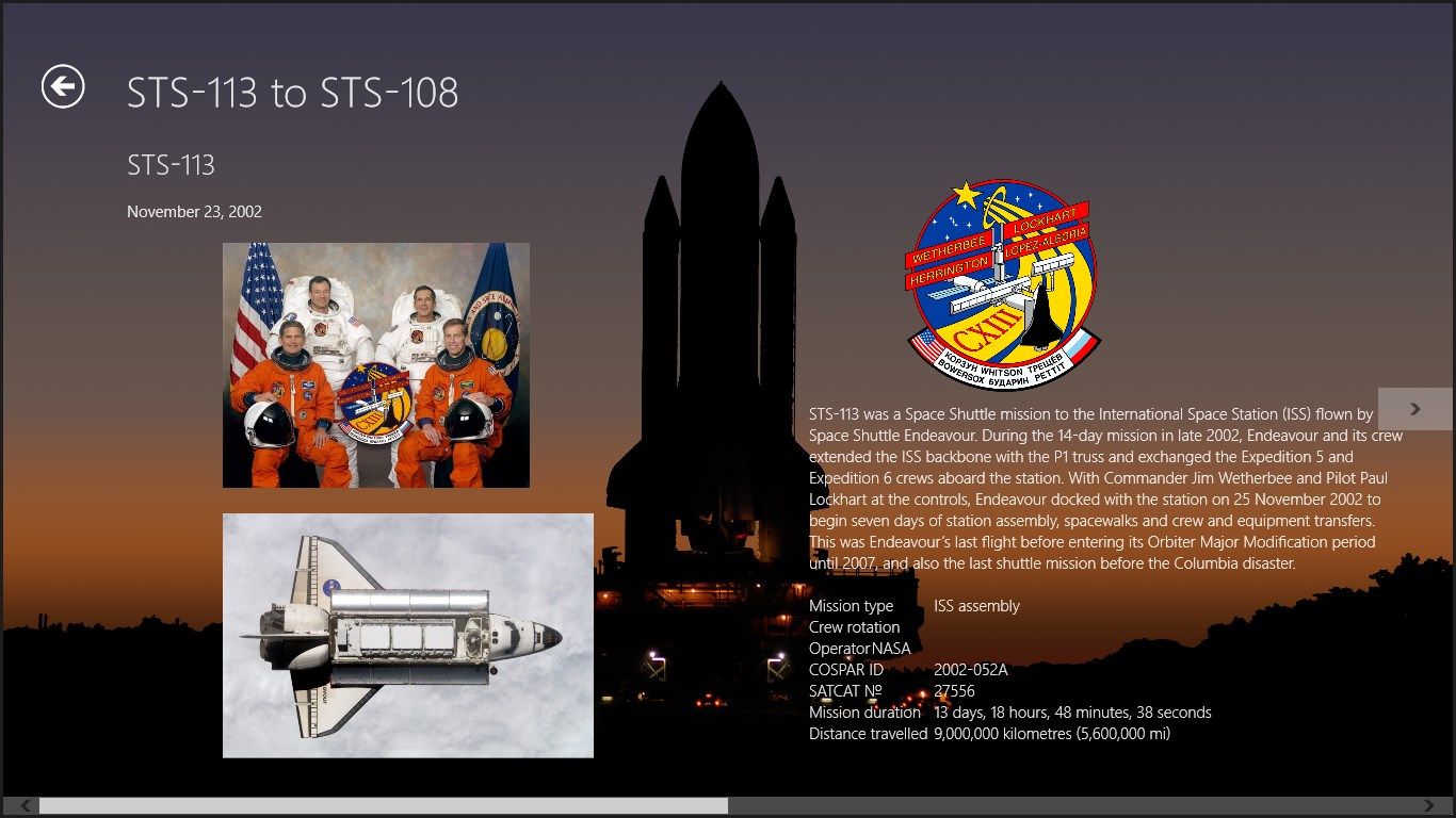 Detail information about the the shuttle  mission.