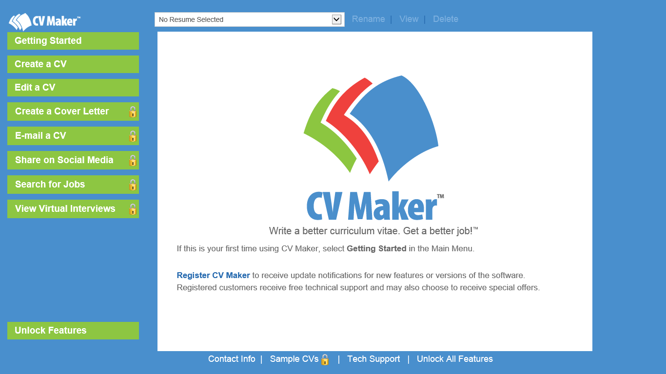 Every tool you need to create a CV is on the main menu.