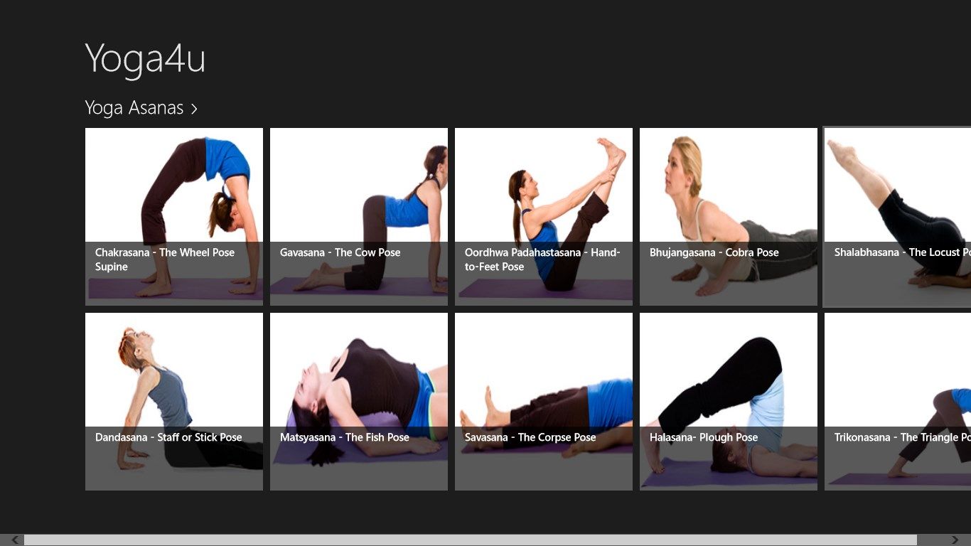Start page showing all asanas