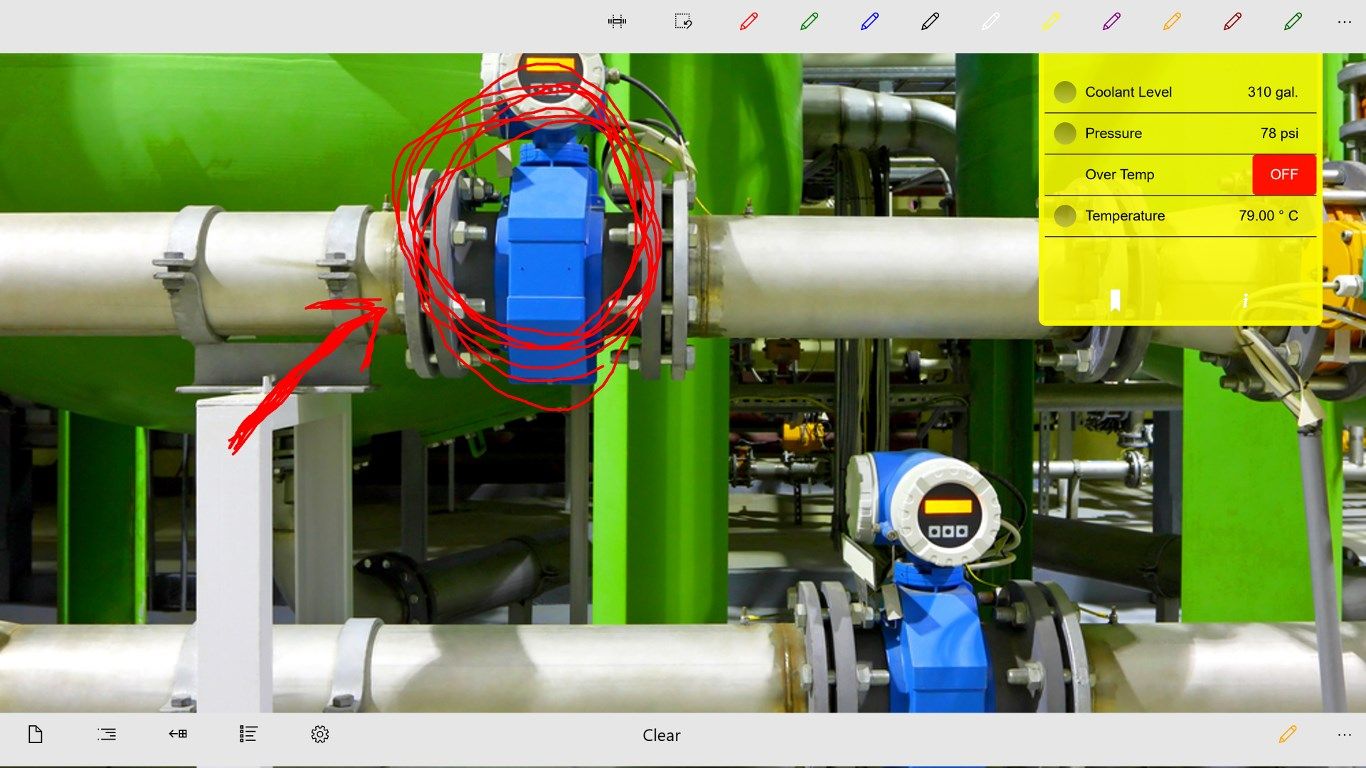 Users can draw on the live video capture and point out details. This  can then be sent to maintenance experts.