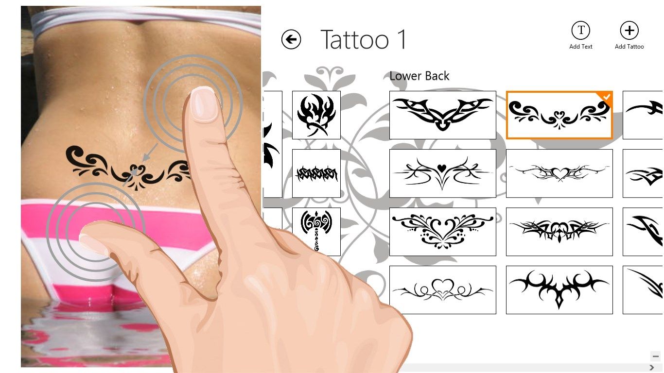 The hand drawn on top of this screenshot shows you how you can use your fingers to rotate, enlarge, or shrink the tattoo until it looks just right.