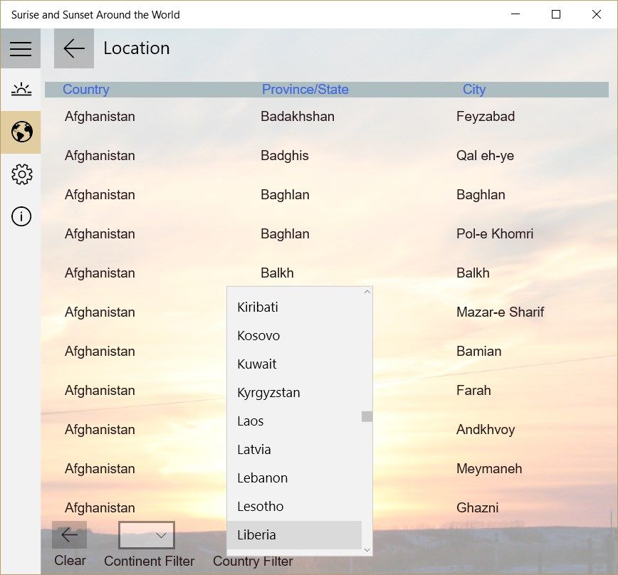 Location database and filter controls for selection of location from database.
