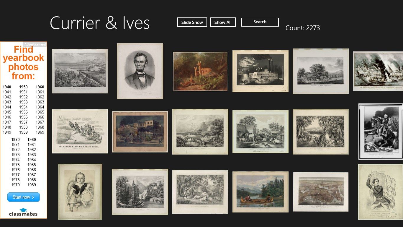 Opening screen of Currier & Ives displaying thumbnails of images