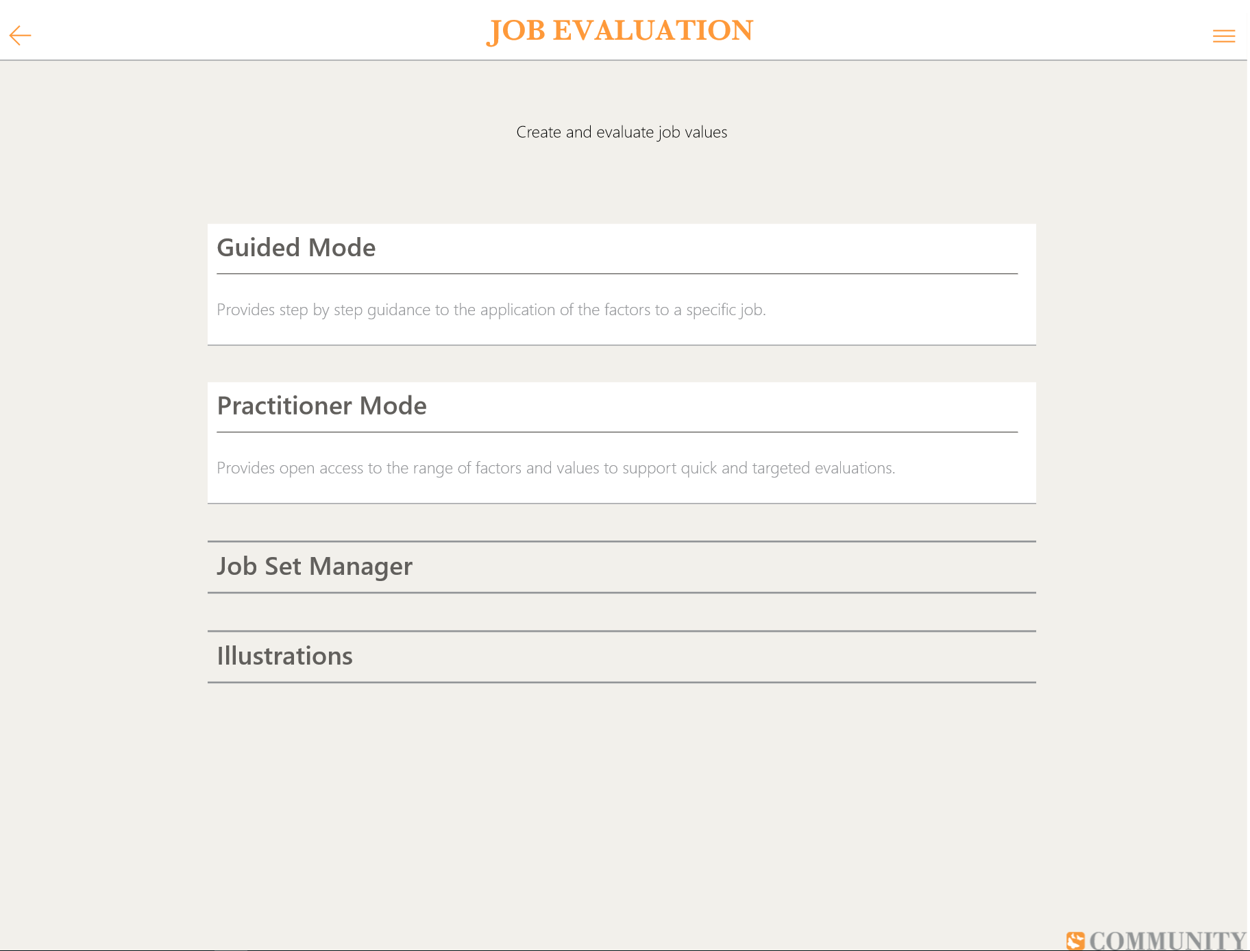 In the Job Evaluation module, select the mode you wish to work in or manage your job sets.