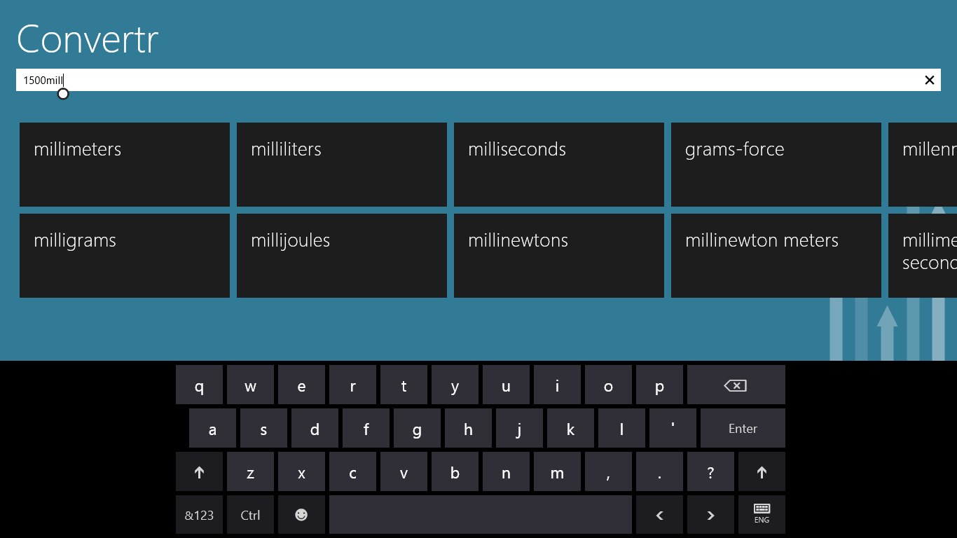 Convertr adapts well to the on-screen keyboard, and supports Semantic Zoom as shown.