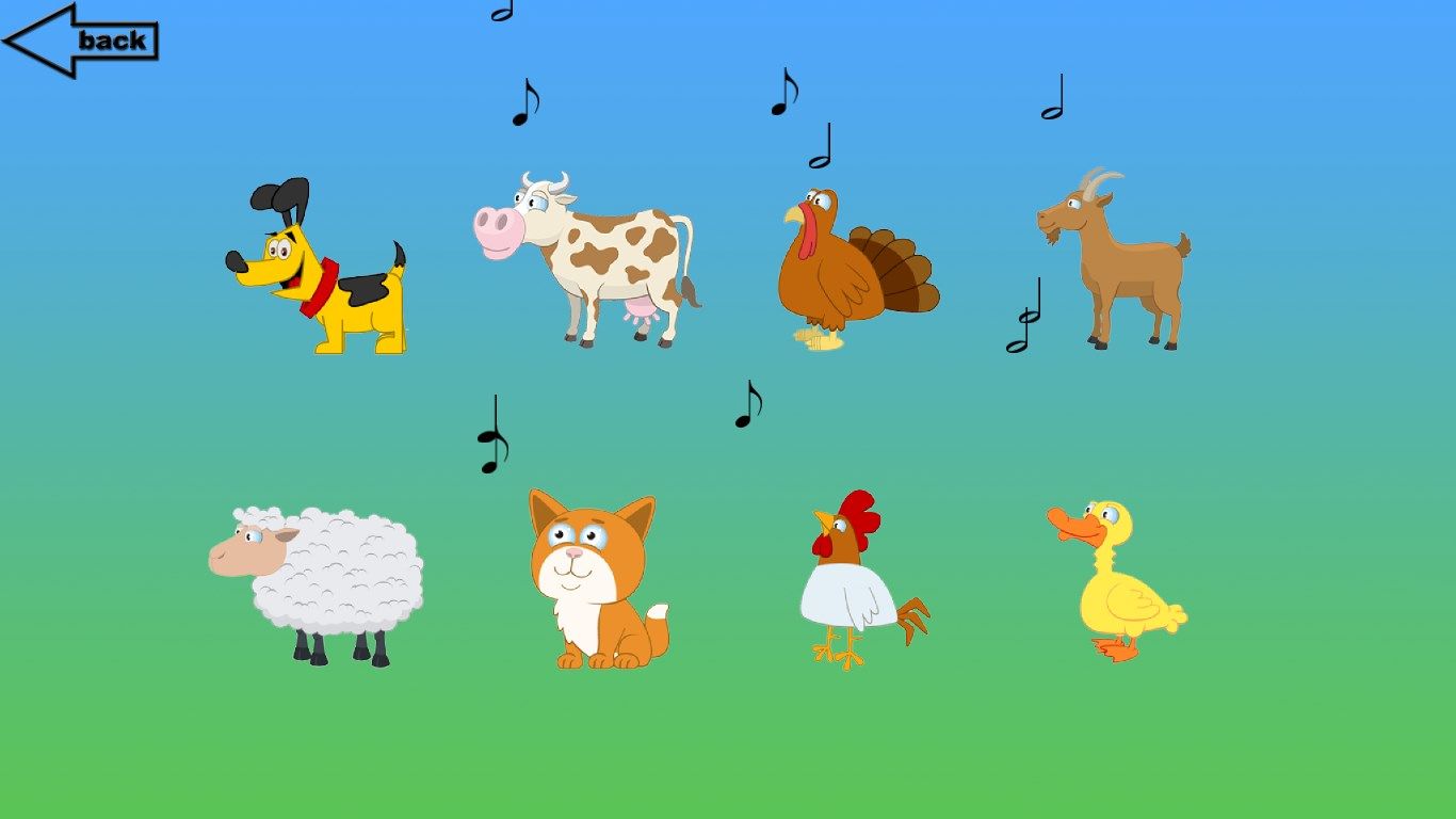 Animals: notes appear as animals make sounds